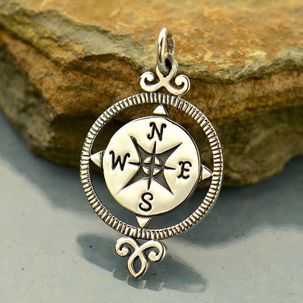 Sterling Silver Compass Charm - Graduation Charms 27x15mm