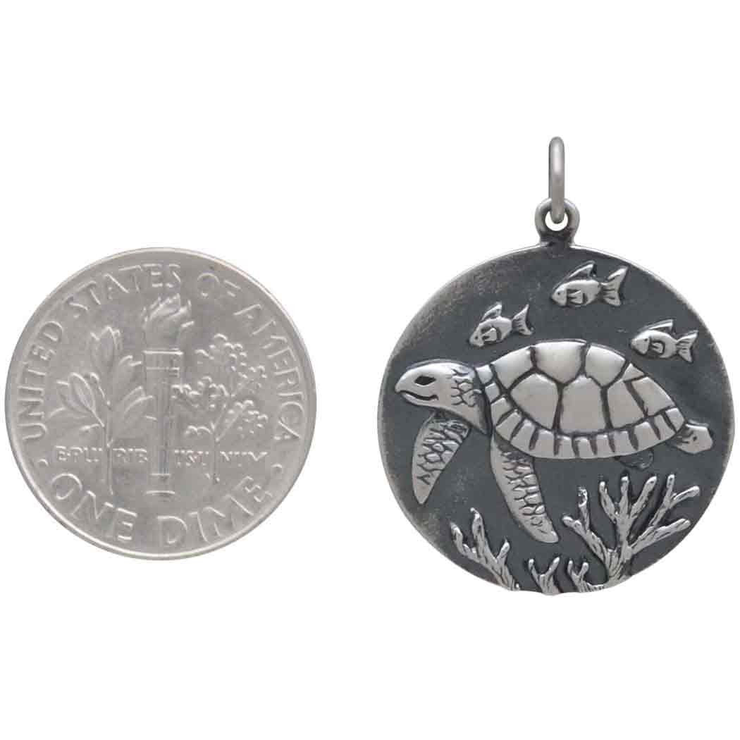 Sterling Silver Sea Turtle Coin Charm 26x20mm