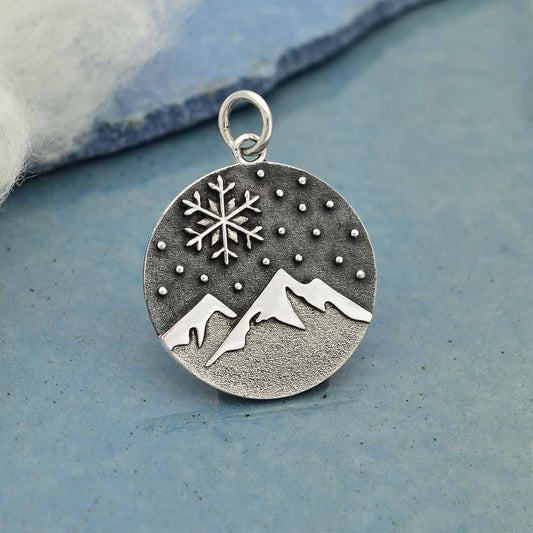 Sterling silver snowy mountain and snowflake pendant 23x18mm