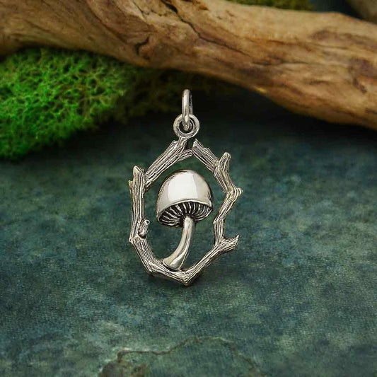 Sterling Silver Mushroom Charm with Branch Frame 23x14mm