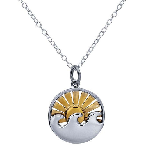 Sterling Silver 18 Inch Wave Necklace with Bronze Sun