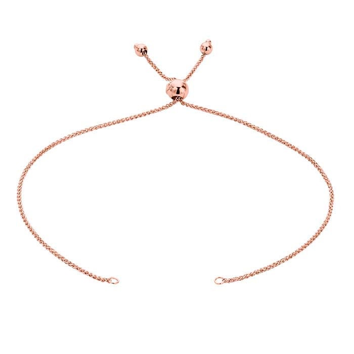 14K Rose Gold 1mm Diamond-Cut Wheat Chain Bracelet Component, Adjustable