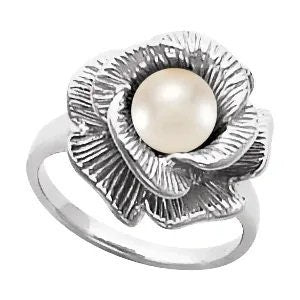 Floral Pearl Ring Mounting: Sterling Silver or 14k Gold, Size 7