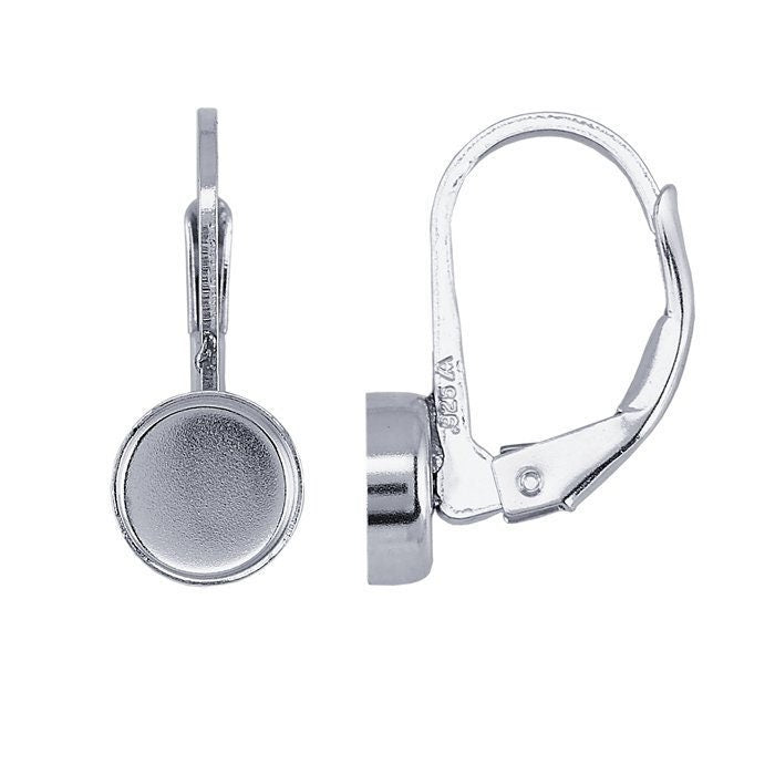 Sterling silver lever-back ear wire mounting with a round bezel, sold in pairs