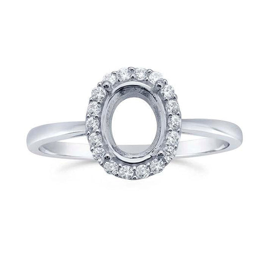 Sterling silver rhodium-plated 8 x 6mm oval semi-mount engagement ring mounting avilable in sz 7 and 8