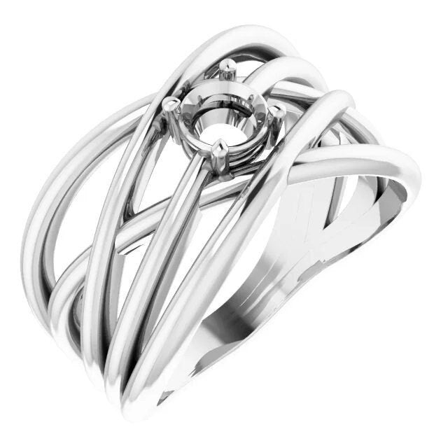 Round solitaire criss-cross ring mounting available in Sterling silver, or 14k solid gold