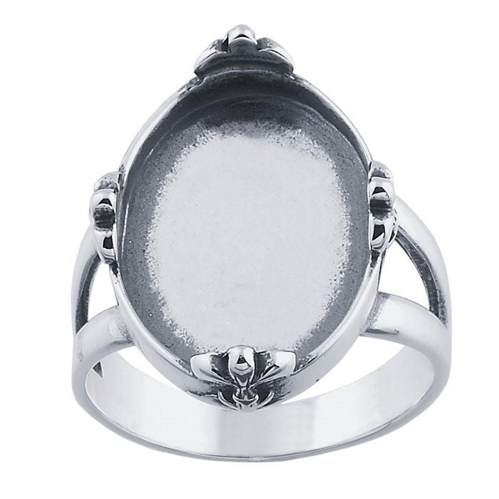 Sterling silver fleur-de-lis accent 18 x 13mm oval ring mounting