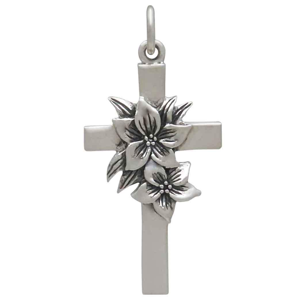 Sterling Silver Cross with Lily Flowers Charm 29x14mm
