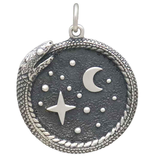 Sterling Silver Ouroboros with Moon and Stars 27x21mm