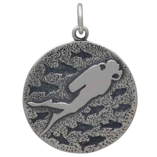 Sterling Silver Diver and Fish Charm 24x18mm