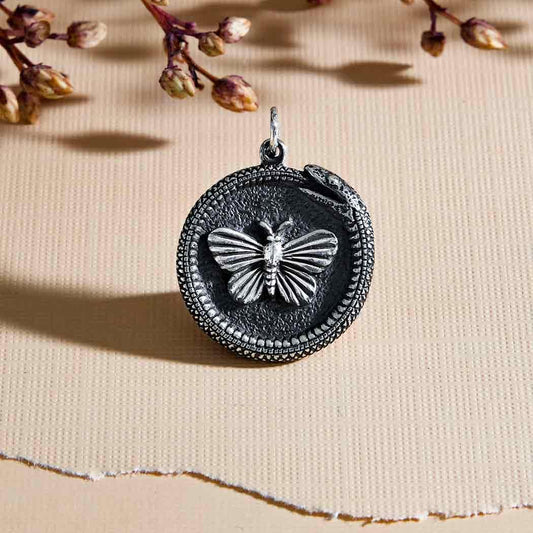 Sterling Silver Ouroboros Snake w Butterfly Pendant 27x21mm