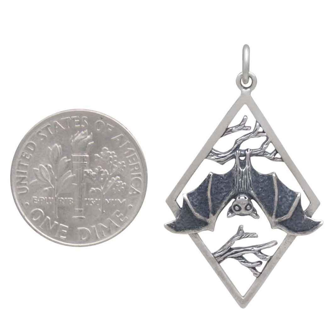 Silver Branches and Bat Pendant in Diamond Frame 35x21mm