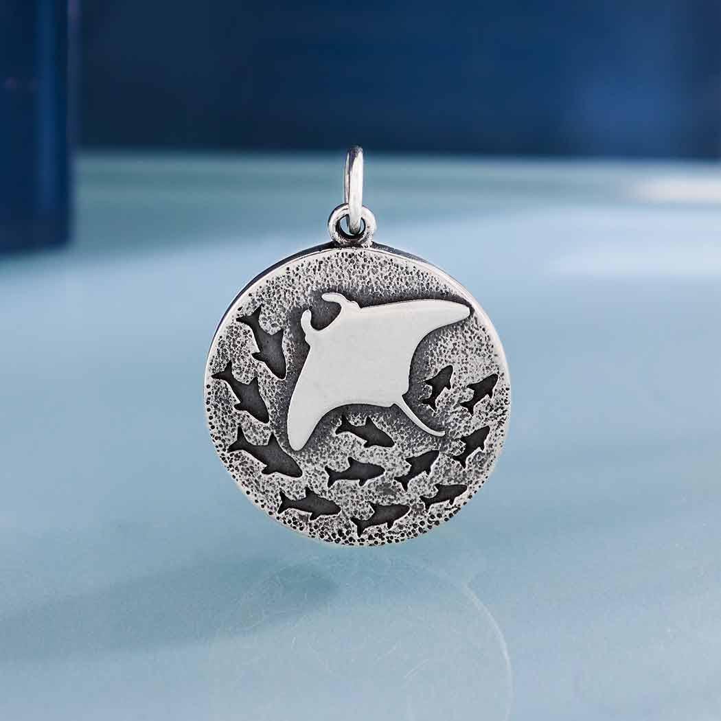 Sterling Silver Manta Ray and Fish Charm 24x18mm