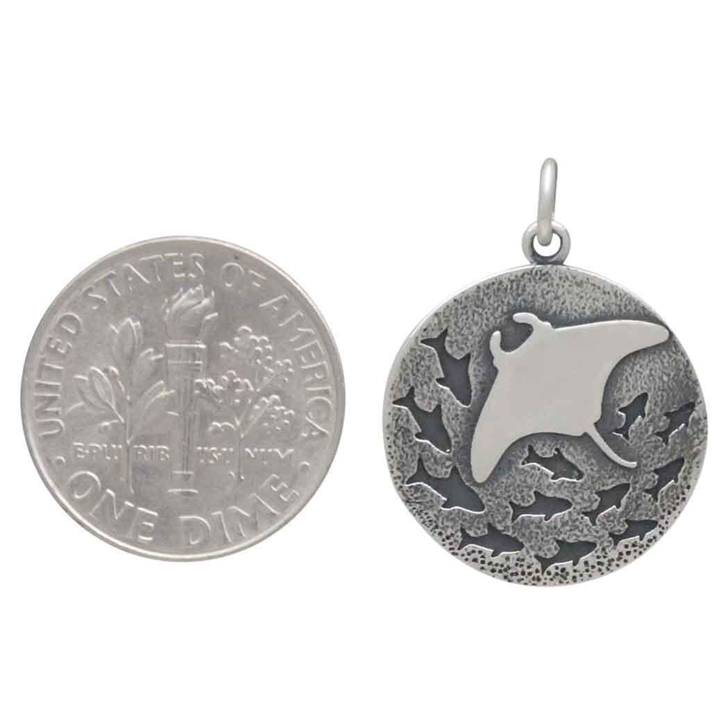 Sterling Silver Manta Ray and Fish Charm 24x18mm