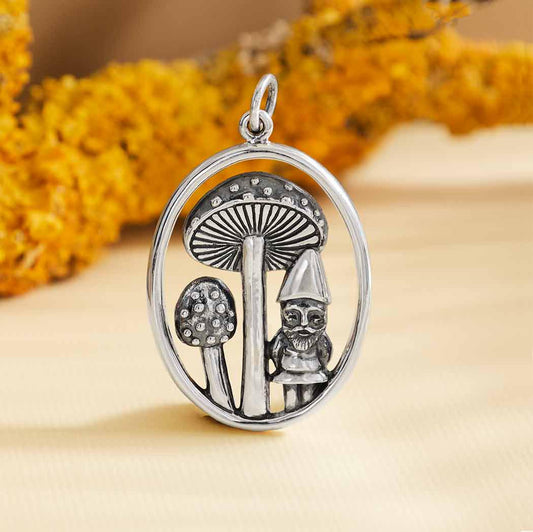 Sterling Silver Mushroom and Gnome Pendant 31x19mm