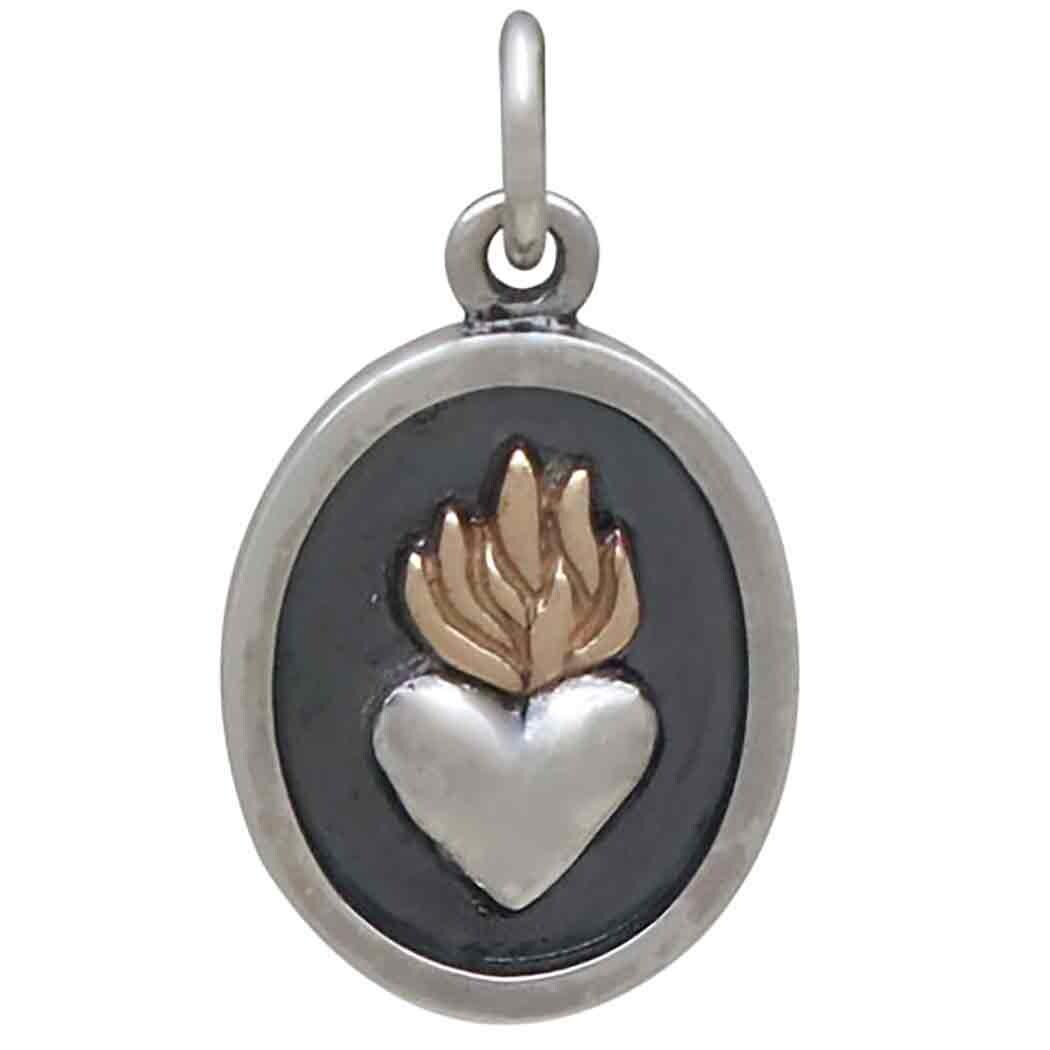 Mixed Metal Shadow Box Charm with Flaming Heart 19x11mm