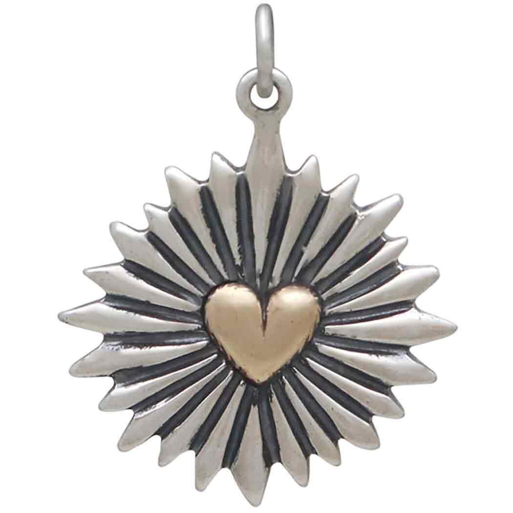 Large Mixed Metal Heart Pendant with Sunrays 27x21mm