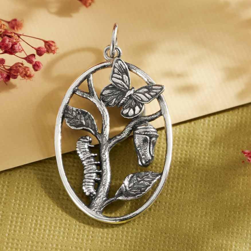Sterling Silver Butterfly Metamorphosis Pendant 32x18mm