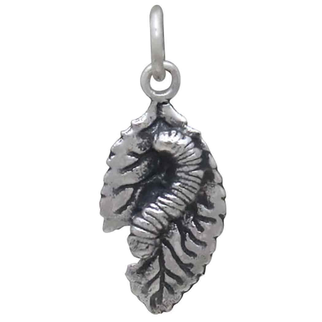 Sterling Silver Caterpillar and Leaf Charm 20x9mm