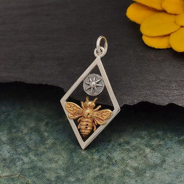 Bronze Bee Charm with Sun in Silver Diamond Frame 28x15mm