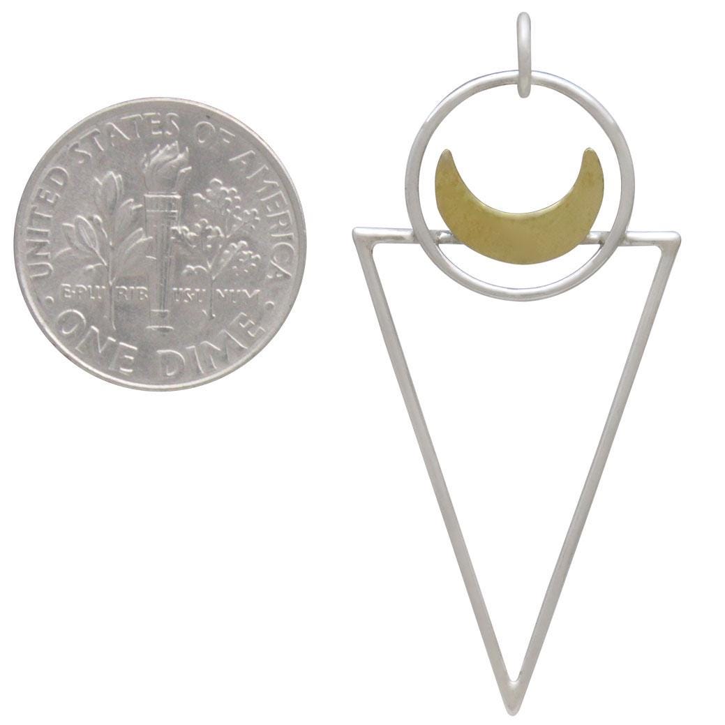 Sterling Silver Triangle Pendant with Bronze Moon 43x20mm