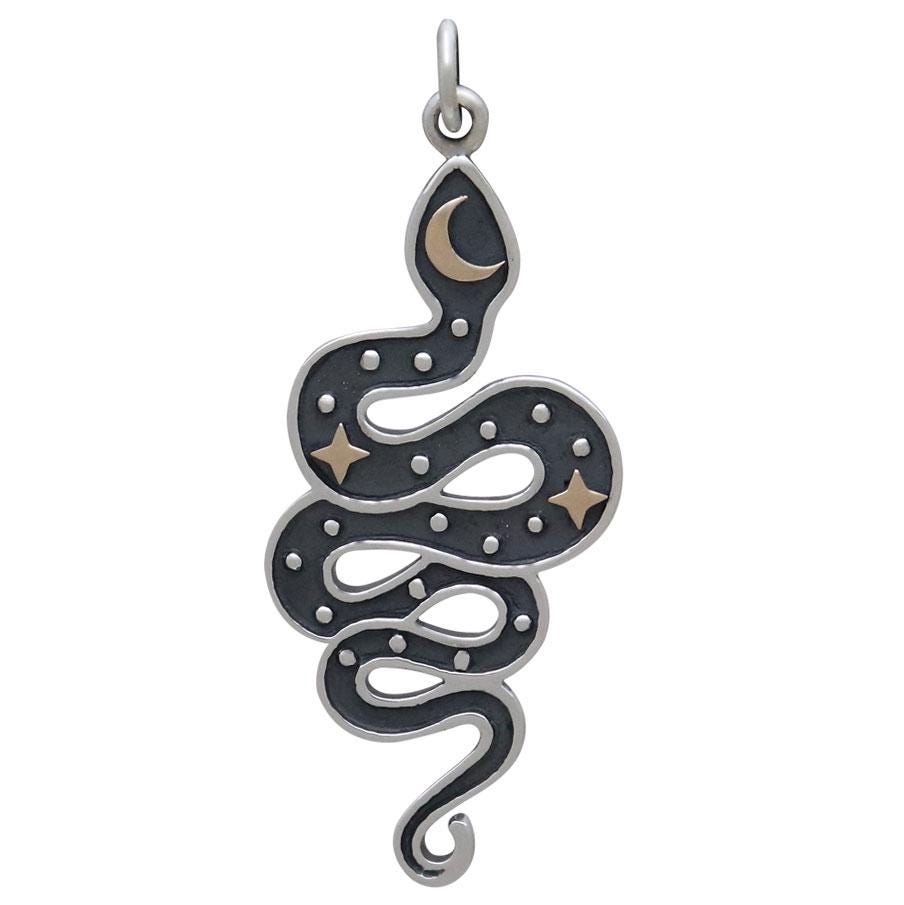 Silver Snake Pendant with Bronze Moon and Stars