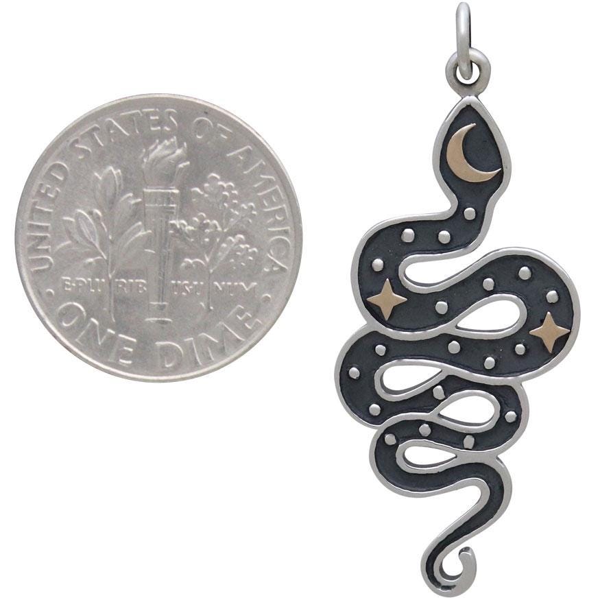 Silver Snake Pendant with Bronze Moon and Stars