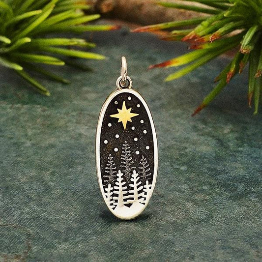 Sterling Silver Pine Tree Charm with Bronze Star 28x10mm