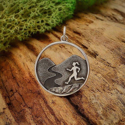Sterling Silver Trail Running Girl Charm 25x19mm
