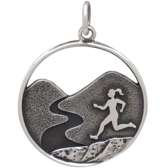 Sterling Silver Trail Running Girl Charm 25x19mm