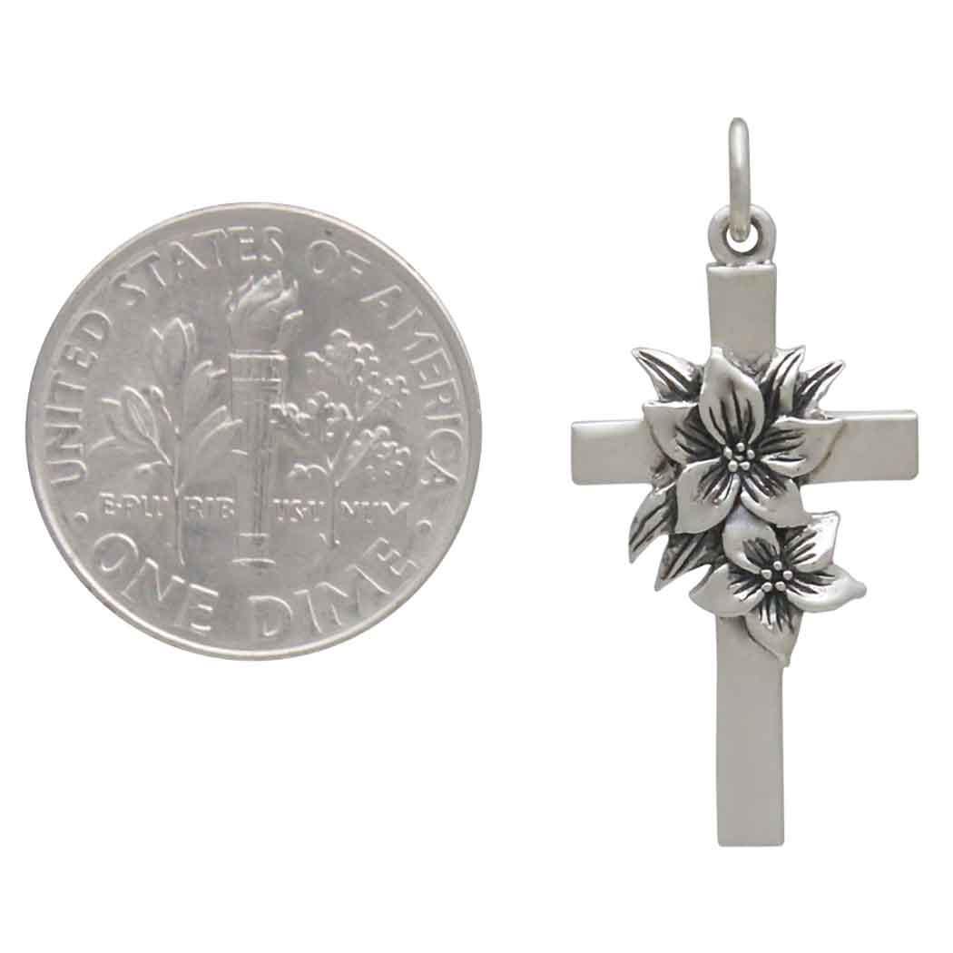 Sterling Silver Cross with Lily Flowers Charm 29x14mm