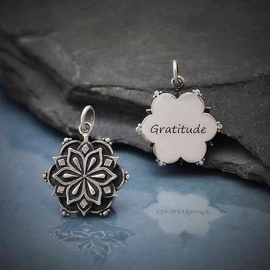 Sterling Silver Affirmation Mandala Charm -Gratitude 21x17mm