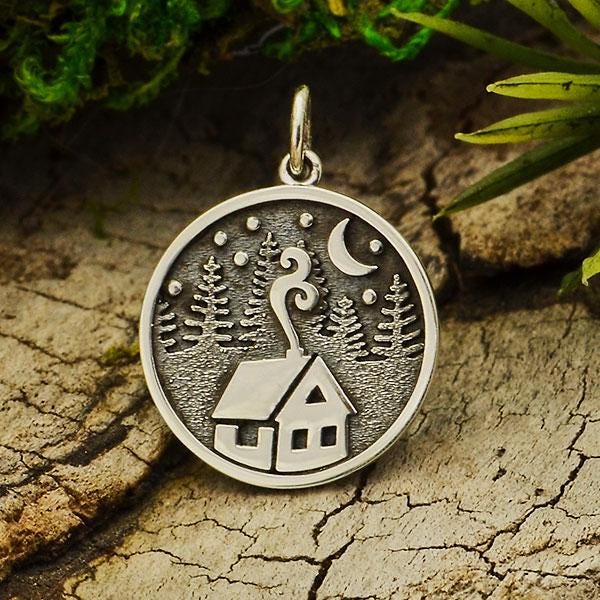 Sterling Silver Cabin Charm with Trees and Moon 21x15mm