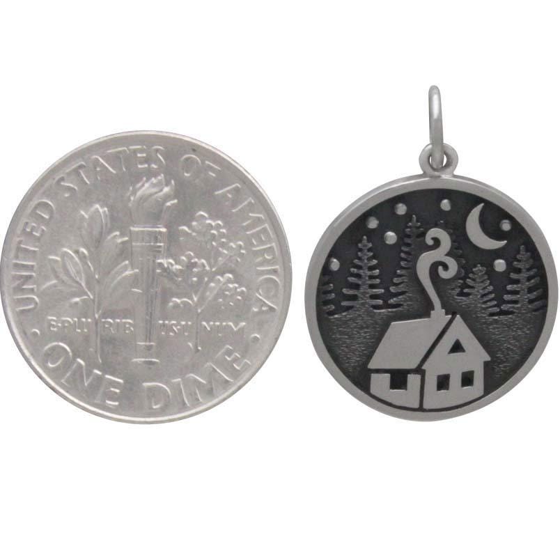 Sterling Silver Cabin Charm with Trees and Moon 21x15mm
