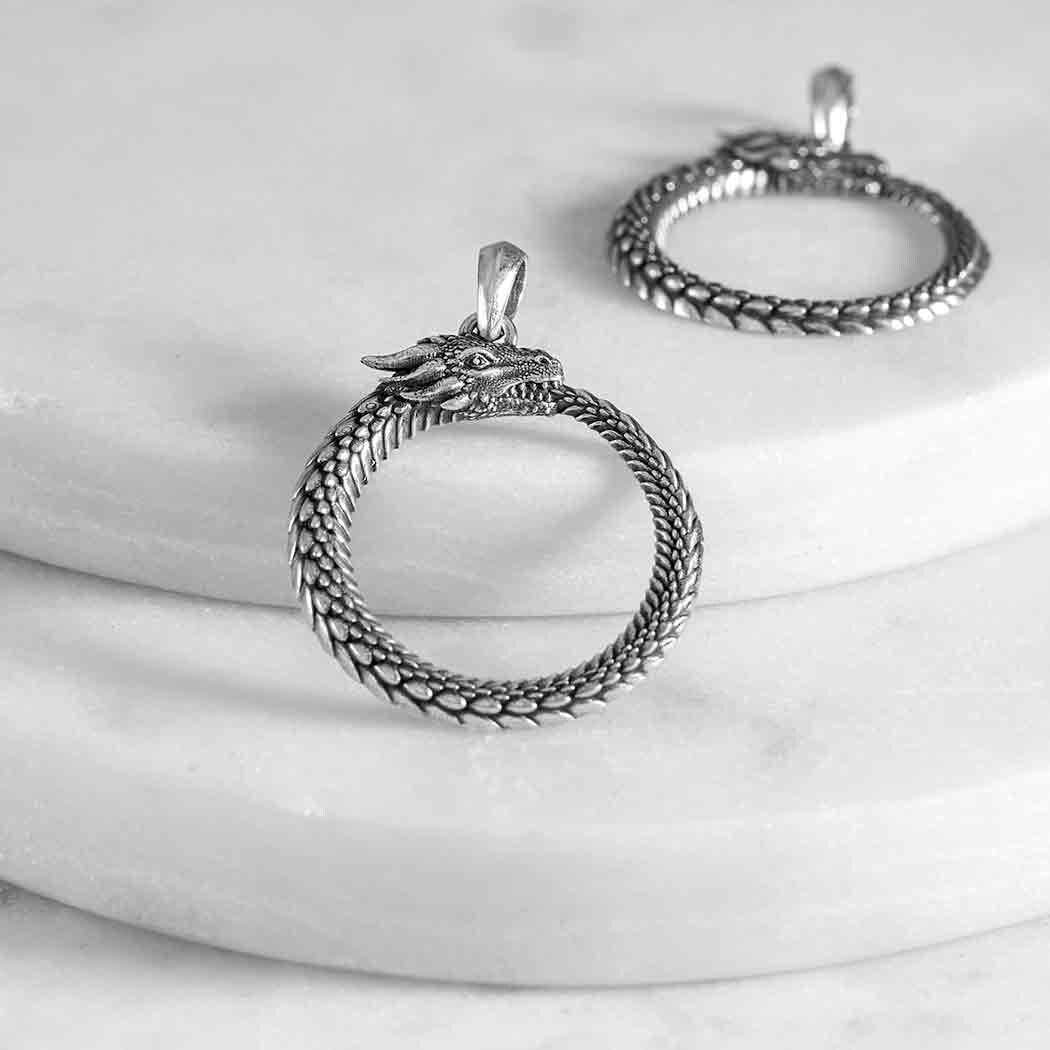 Sterling Silver Dragon Ouroboros Pendant 32x24mm