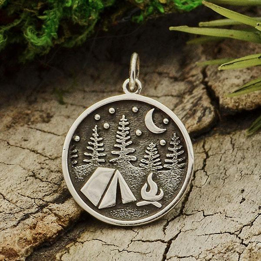 Sterling Silver Camping Charm with Tent and Trees 21x15mm
