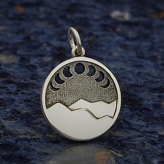 Sterling Silver Mountain Charm w Moon Phase Cutouts 20x14mm