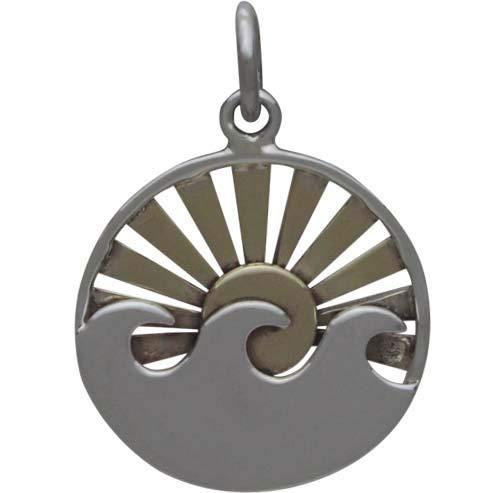 Sterling Silver Wave Charm with Bronze Setting Sun