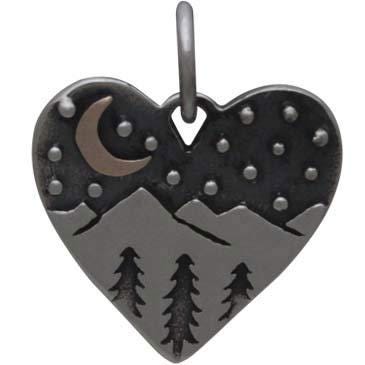 Silver Heart Charm with Mountains and Bronze Moon 16x13mm
