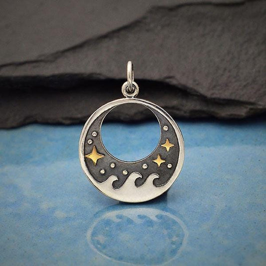 Sterling Silver Wave Charm with Bronze Stars (23x17mm)