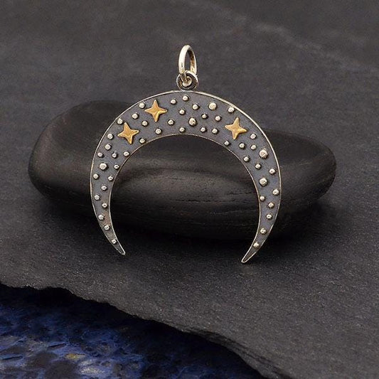 Sterling Silver Moon Pendant with Bronze Stars 28x25mm