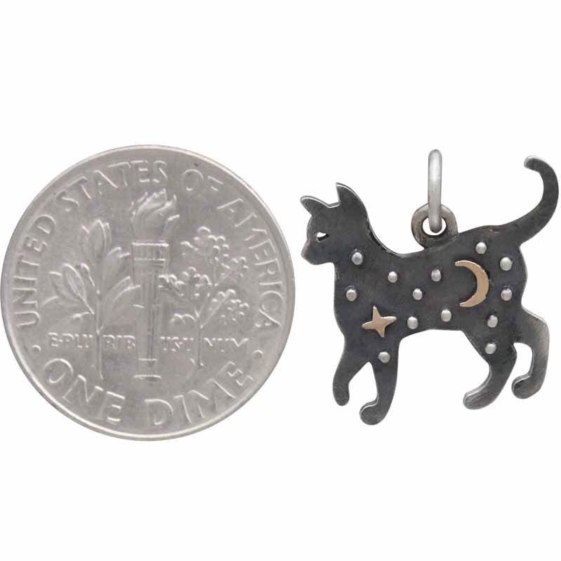 Sterling Silver Cat Charm with Bronze Star and Moon 17x16mm