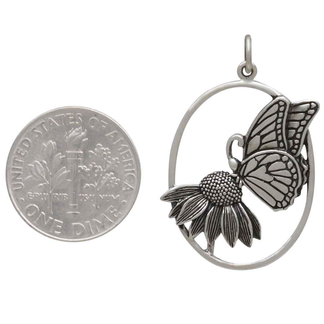 Sterling Silver Butterfly on Flower Pendant 31x21mm