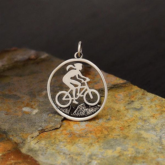 Sterling Silver Mountain Biker Girl Charm 26x20mm