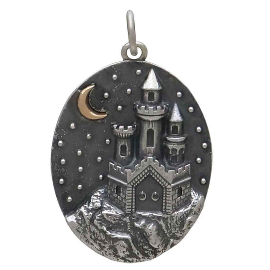 Sterling Silver Castle with Bronze Moon Charm 28x18mm