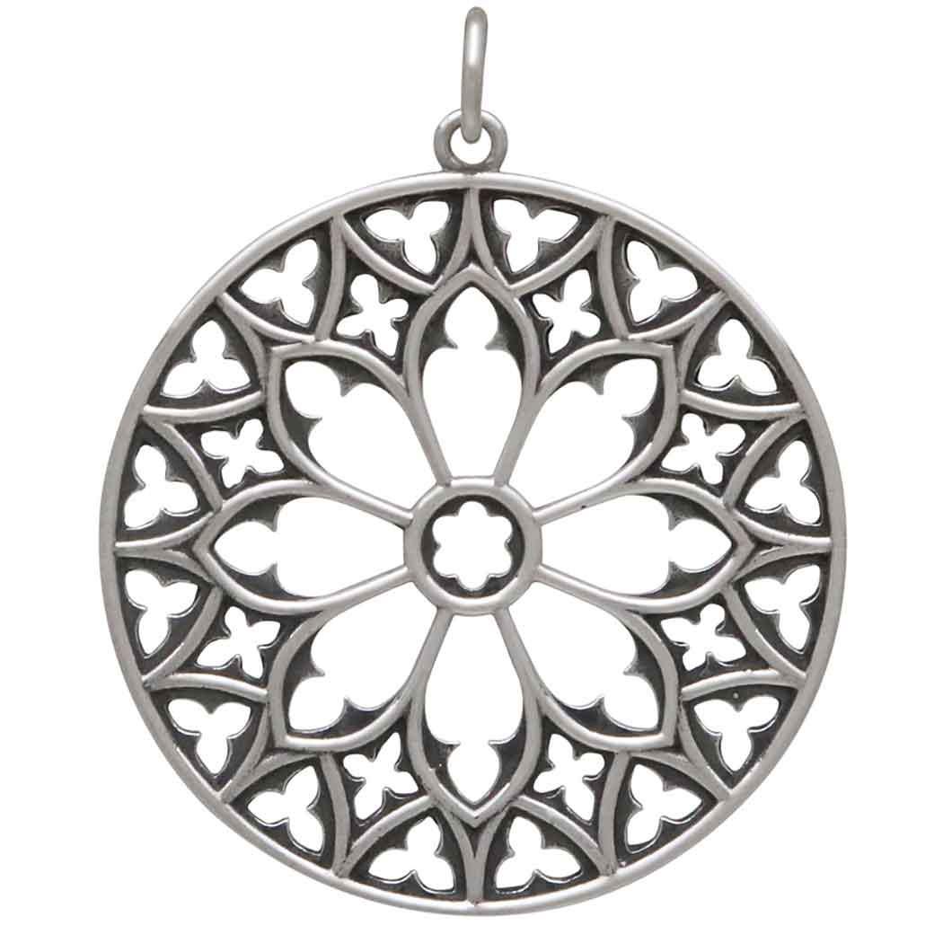 Sterling Silver Cathedral Rose Window Pendant 36x30mm