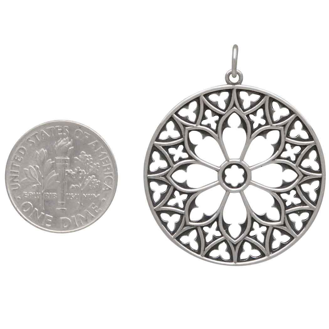 Sterling Silver Cathedral Rose Window Pendant 36x30mm