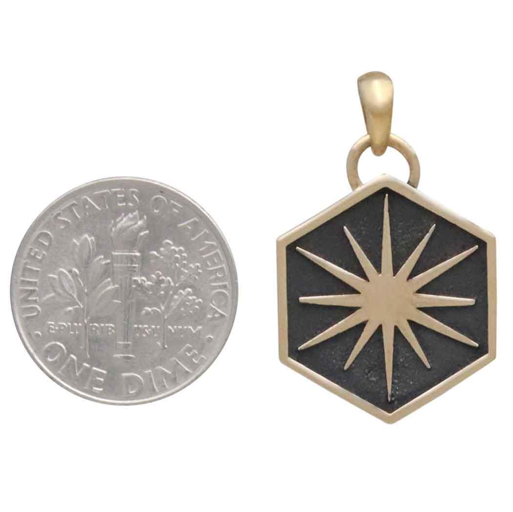 Bronze Sun in Hexagon Shadow Box Pendant 27x17mm
