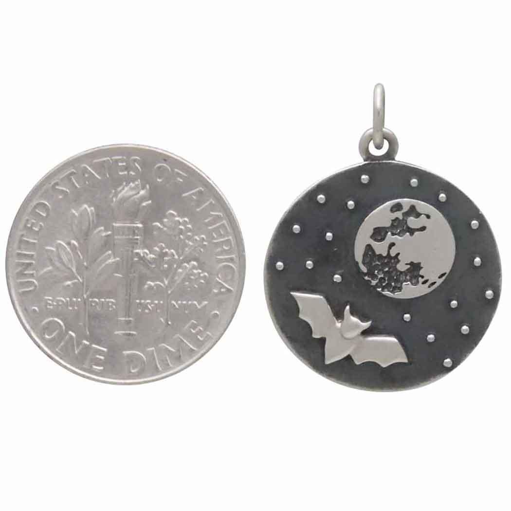 Sterling Silver Full Moon and Bat Charm 24x18mm