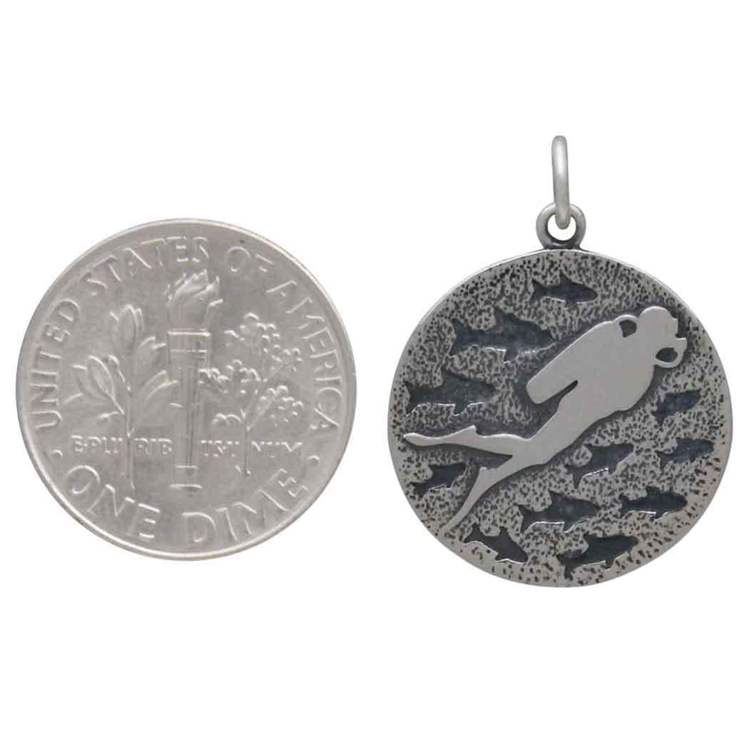 Sterling Silver Diver and Fish Charm 24x18mm
